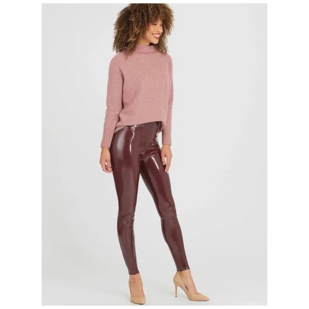 Spanx Faux Patent Leather Leggings Ruby Burgundy High Rise Small S 20301R NWT